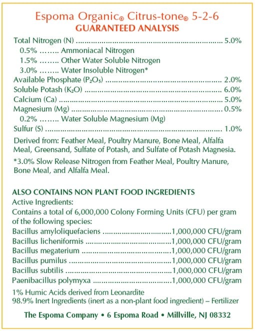 Epsoma citrus fertilizer label