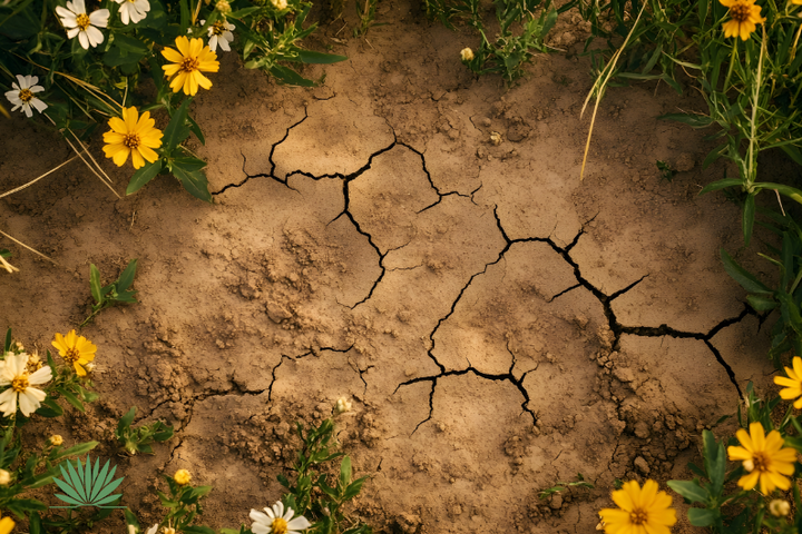 cracked clay soil with flowers